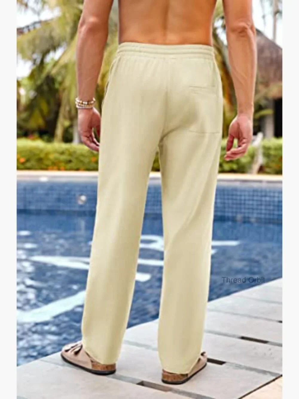 Men's Cotton Linen Pants Elastic Waist Drawstring Casual Trousers Straight Leg